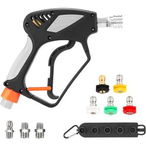 PWACCS Pressure Washer Gun with Swivel, Short Power Washer Gun with 3/8 Quick Connector, M22 14mm /15mm Fitting, 5 Pressure Washer Nozzle Tips with Holder, 5000 PSI Black