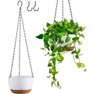 Set of 2 Hanging Planters for Indoor Outdoor Plants, 8 Inch Self-Watering Hanging Flower Pots with Drainage Hole & Removable Water-Storage Tray (Hooks) (White)