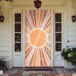 Retro Boho Sun Door Cover Decorations, Mid Century Terracotta Sunshine Doorway Curtains Door Covers Banners Photography Background Backdrop for Door Wall Indoor Outdoor Decoration, 35*79 Inch