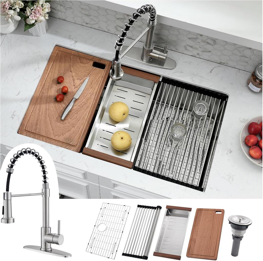 27 Inch Undermount Kitchen Sink with Faucet Combo - Single Bowl Kitchen Sink Workstation with Accessories 27x19 Stainless Steel Undermount Sinks and Faucet Combo Set
