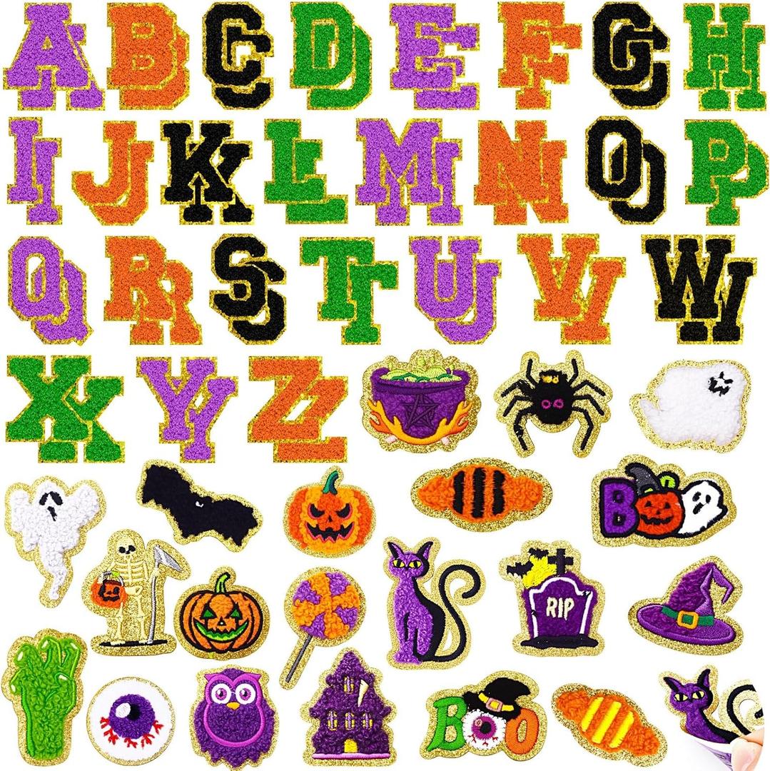 72 Pcs Autumn Halloween Patches Chenille Halloween Letter Patch Self Adhesive Embroidered,Include 52 A-Z Letters Patches,20 Pumpkin Ghost Skeleton Witch Hat Spider Gravestone Sew on Patch Stickers