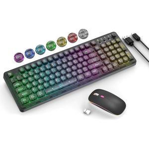 Black Light Up Keyboard and Mouse Wireless,Cute 2.4Ghz Cordless Rechargeable Transparent Backlit Keyboard,15 Backlight Effects,Volume Knob,RGB Mouse with 3 DPI for Mac Computer PC Laptop Desktop iPad (Black Wireless Backlit Transparent Keyboard Mouse)