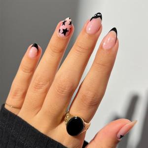 Short Almond Press on Nails Black French Tip Fake Nails Cute False Nails Press ons with Star Cat Designs Reusable Acrylic Nails Full Cover Artificial Stick on Nails for Women Manicure 24Pcs