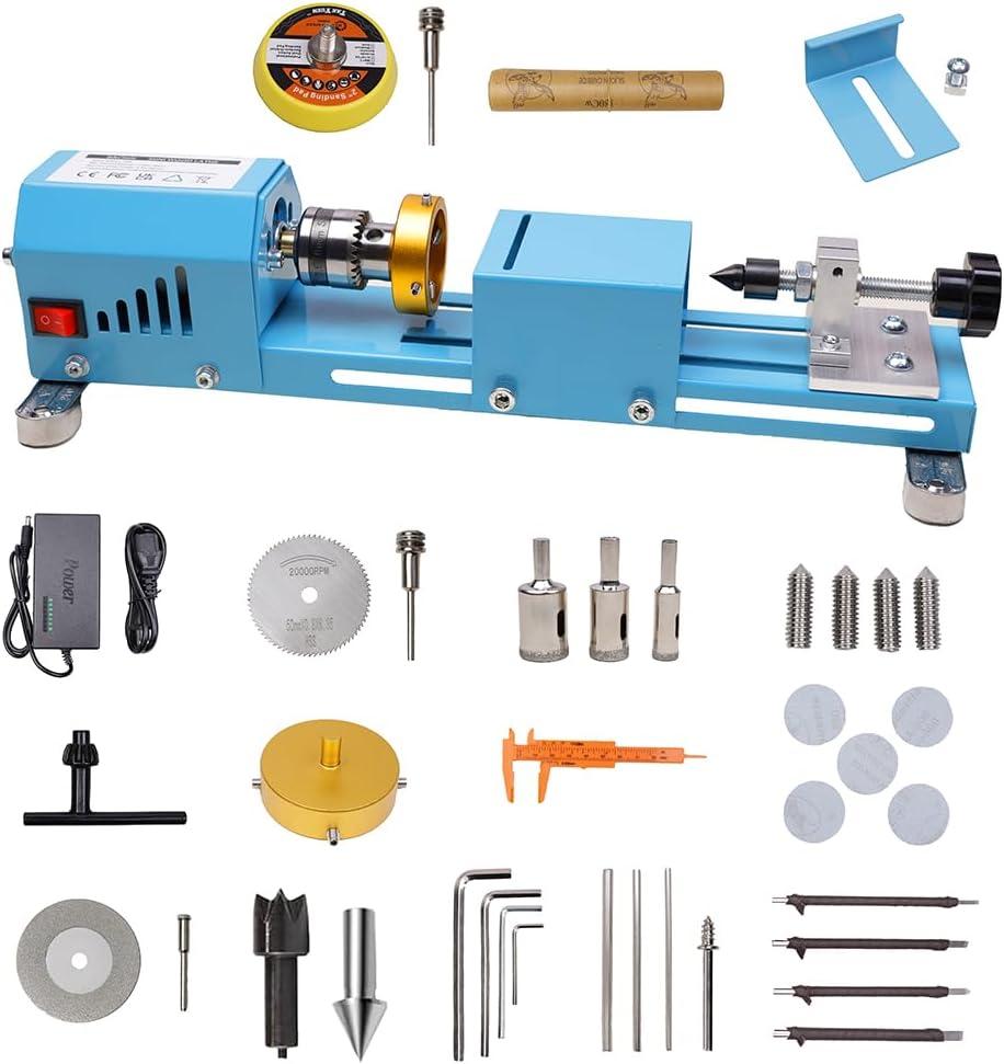 Mini Wood Lathe Milling Machine Multi-Purpose Type Lathe with Wood Lathe Milling Accessories, for Wood Polishing, Grinding, Cutting and Milling 2.76 in x 6.3 in, 24VDC 96W7 Speeds