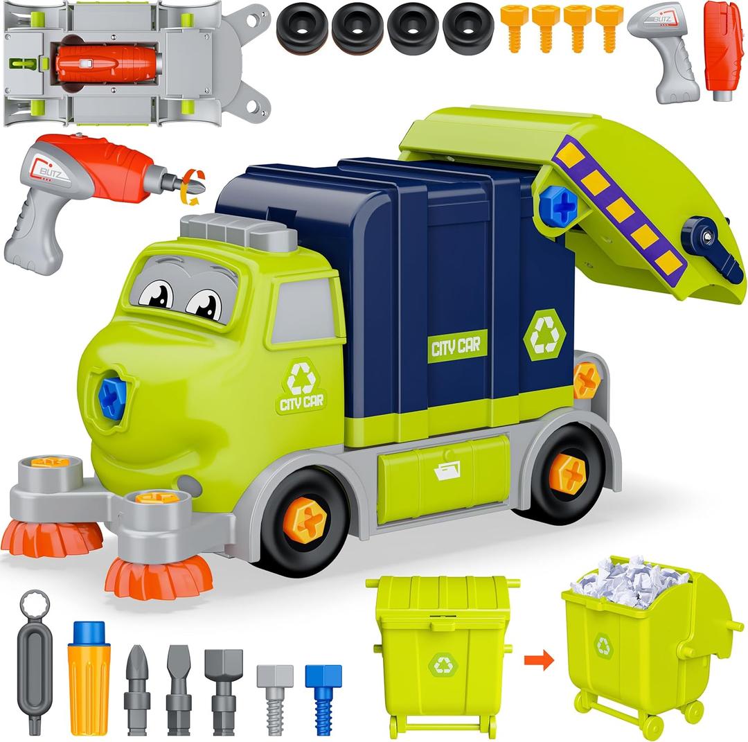 Trucks Take Apart Toys with Electric Drill, DIY Electric City Clean Truck Toy Set, STEM Assembled Educational Toys, Garbage Truck Toys, Birthday Gifts for 3 4 5 6 7 8 Years Old Boys Girls
