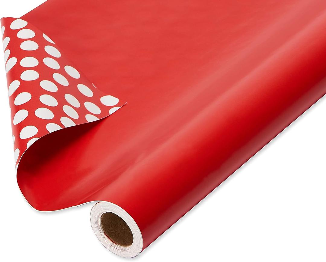 American Greetings Jumbo Reversible Red Wrapping Paper Roll for Christmas, Valentine's Day or Any Occasion (175 sq. ft., 1 Extra Large Roll-30 in. x 70 ft.) White Polka Dots