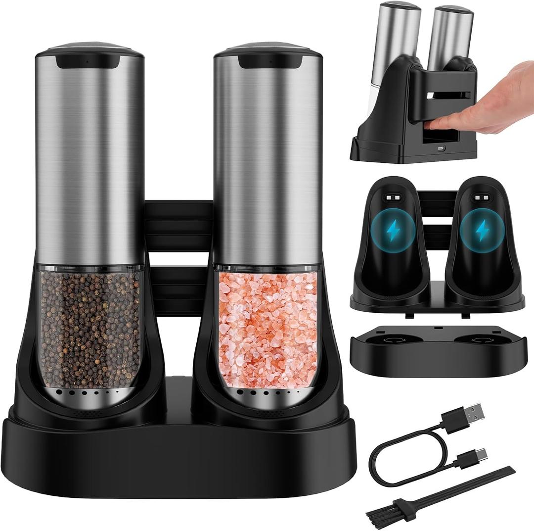 QTDHG Electric Salt and Pepper Grinder Set TypeC Fast Charging, Automatic Salt and Pepper Shakers Adjustable Coarseness, Stainless Steel Rechargeable Salt and Pepper Grinder with LED Light