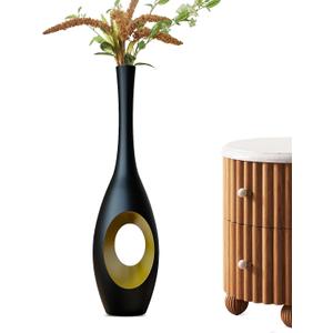 23.6 in Black Floor Vase  Modern Oval Tall Floor Vase with Gold Cutouts & Slim Neck, Decorative Vases for Luxury Home, Office, Wedding Decor  Resin Tall Vases