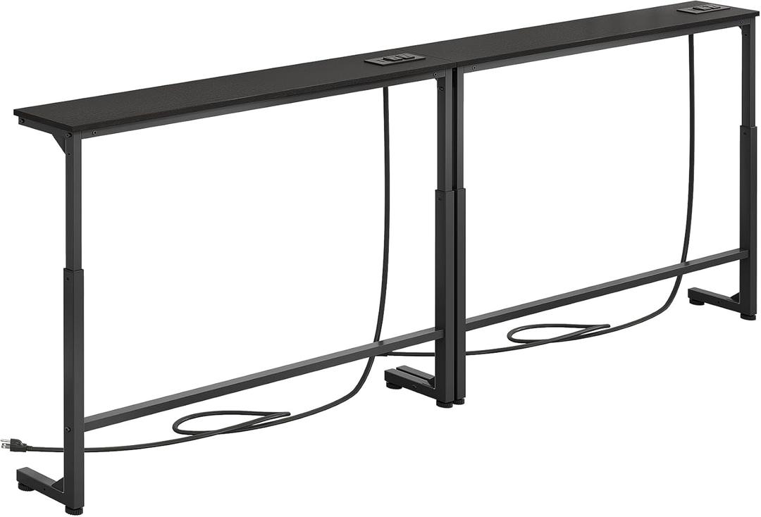 Kitstorack 2-Pack Black Narrow Console Table Behind Couch, Adjustable Height (25"-33") & 2 Power Outlets, Skinny Entryway Sofa Table 5.9" Deep x 79" Long, Split Design for Separate Use