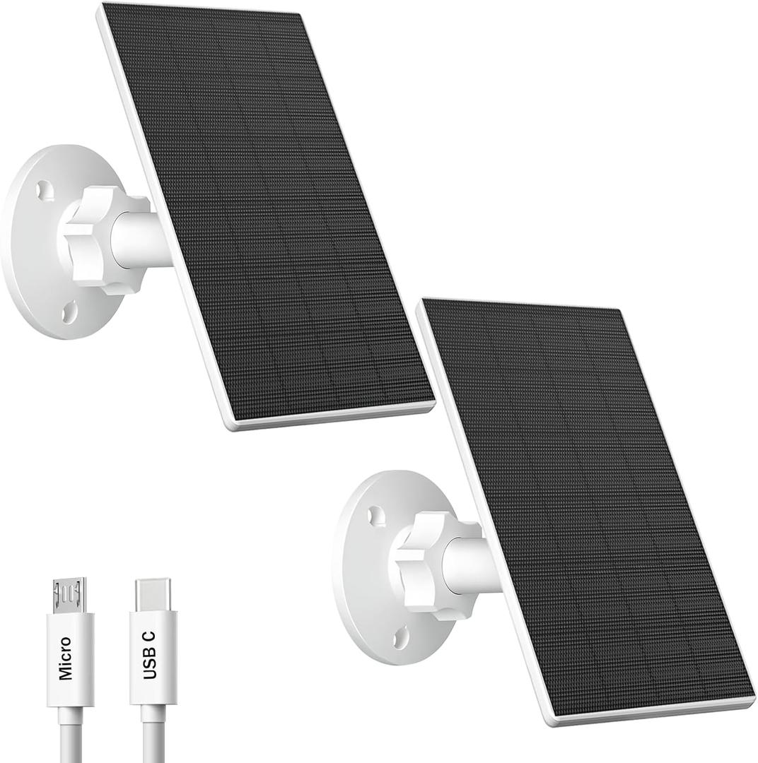 Zivif 2W Solar Panel for Security Cameras, Solar Charger with Micro USB & USB-C Port for Rechargeable Battery Security Camera, 360 Adjustable Mount (2 Pack)