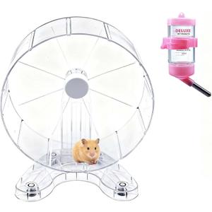 8.7" Super Silent Hamster Wheel with Stand & Water Bottle  Ultra Quiet Exercise Running Wheel for Gerbils, Syrian & Dwarf Hamsters, Chinchillas, Small Pets  Noiseless Spinning Design, Clear