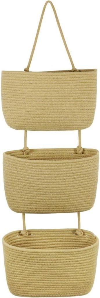 Kalakriti Over the Door Hanging Basket, 3-Tier Woven Cotton Wall-Mounted Storage Organizer Bag Decorative Kitchen Baskets, Small Planter (Beige)