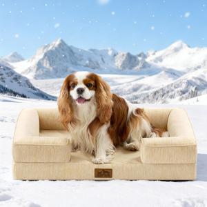 COZY KISS Cooling Dog Bed for Medium Small Size Dogs, Q-Max >0.4 Summer Cool Pet Bed, Orthopedic Foam Dog Sofa with Sides, Bolster Anti-Slip Couch with Washable Removable Cover, M 30x20x6 inch, Beige