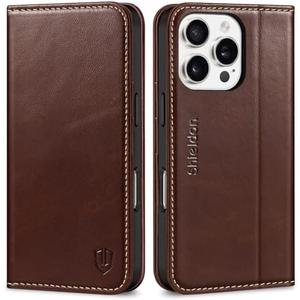 SHIELDON Case for iPhone 16 Pro 5G 2024, Genuine Leather Flip Wallet Magnetic Closure Cover Kickstand RFID Blocking Credit Card Holder Protective Case Compatible with iPhone 16 Pro 6.3" - Retro Coffee