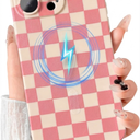 Magnetic for iPhone 15 Pro Max Case, Cute Checkerboard Checkered Pattern Aesthetic Gloss Phone Case with Full Lens Protection, Stylish Slim Soft TPU Protective Cover for iPhone 15 Pro Max, Pink