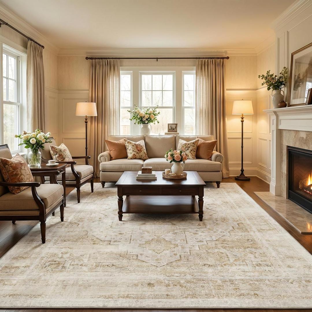 10x14 Washable Vintage Area Rug - Distressed Non-Slip Rugs Soft Large Retro Carpets for Living Room Bedroom Dining Room Office Home Decor, Beige