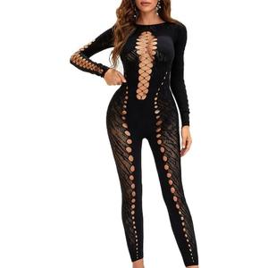 FHSEER Women Sexy See Through Skinny Jumpsuit Long Sleeve Mesh Hollow Out Bodycon Cut Out Romper (A)