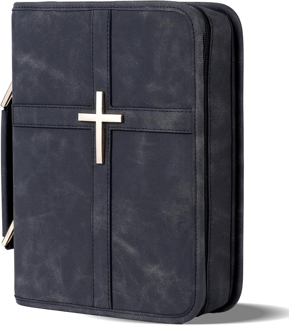 Vegan Leather Bible Cover Case, Bible Bag with Phone Pocket, Bible Case for Men Women, Christian Gift Box Packaging (Black)