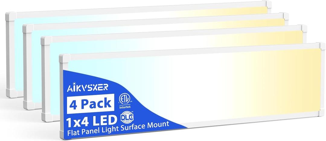 AIKVSXER 4 Pack 1x4 LED Flat Panel Light  6500LM Ultra-Bright, Dimmable 30-50W, 3000K-6500K Adjustable, 0-10V Dimming, Slim Surface Mount Ceiling Light for Office, Home, Garage  White