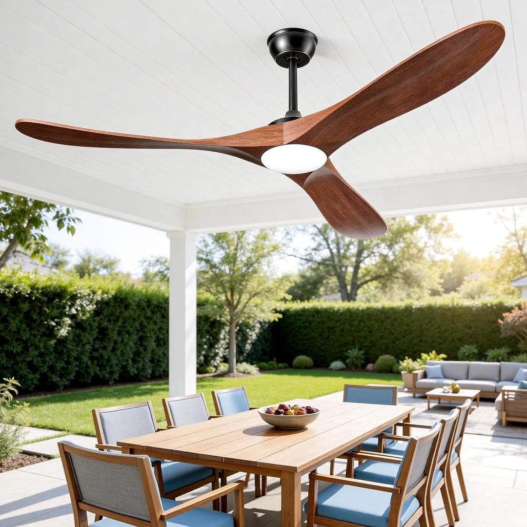 Outdoor Ceiling Fans with Lights 52 Inch, Remote Control, Indoor 3 Blade Wood Walnut Fan, Reversible DC Motor, Propeller LED Ceiling Fan for Bedroom, Farmhouse, Patios, Exterior Porch Gazebo