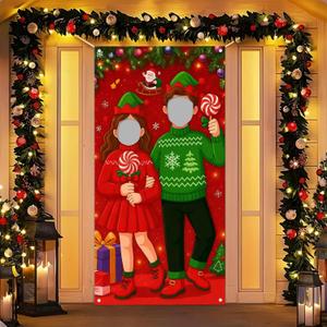 Christmas Couple Elf Photo Door Banner 35x71inch Holiday Backdrop Party Decorations Santa Background Supplies Photography Props Indoor Outdoor