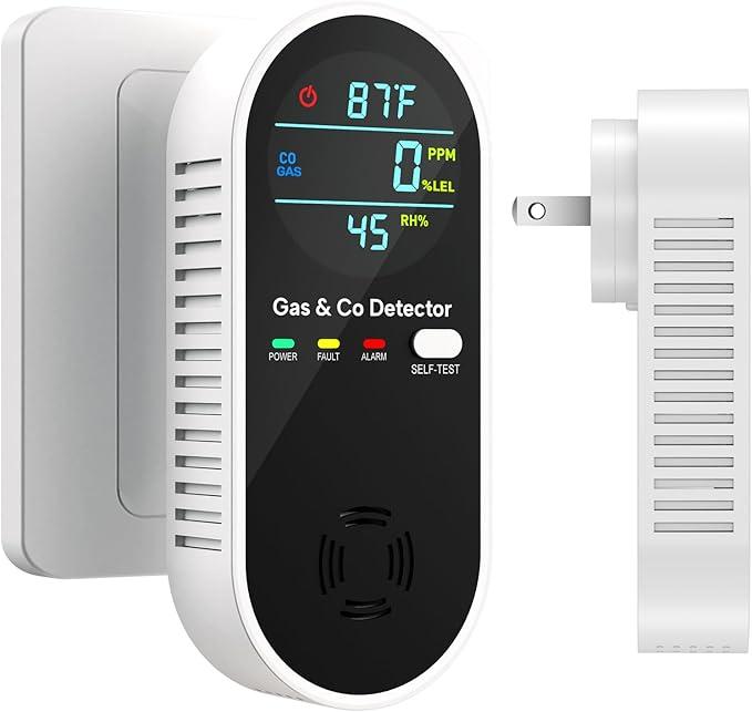4-in-1 Upgraded Plug-in Carbon Monoxide Detector, Combination Natural Gas Leak and Carbon Monoxide Detectors, Builti-in Backup Battery and HD Screen with CO Gas Temp Humidity for Home, RV Apartment