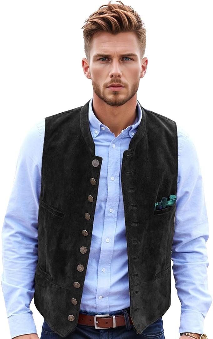 Men's Suede Leather Vest Casual Western Cowboy Jacket Wedding Waistcoat (XX-Large, Black)