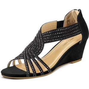 PIZZ ANNU Women's Diana Low Wedge Sandals Sparkly Rhinestone Open Toe Fashion Dress Shoes for Woman Lady in Bridal Dance Evening (Black, 9)