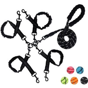 4 Way Dog Leash,No Tangle for Four Dogs, 3 in 1 Dog Leash with 360 Swivel, Shock Absorbing, Reflective Threads Comfort Foam Handle, Ideal for Small Dogs and Dog Training (Black, 4 Way)