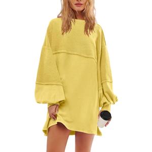 Panadila Womens Oversized Long Sleeve Patchwork Sweatshirt Dress Crewneck Tunic Sweatshirts Fall Loose Pullover Top (Yellow, S)