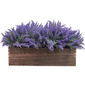 Winlyn 14" Artificial Lavender Flowers Plants in Rectangular Wooden Planter Box Faux Frosted Lavender Potted Arrangements Floral Centerpiece for Farmhouse Home Wedding Table Centerpiece Mantel Decor