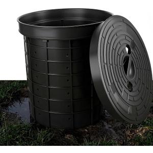 6.6 Gal 15" Sump Pump Basin with Lid, 25L Perforated Sump Pump Basin Bucket for Yard Drainage Systems, Basement & Crawl Space, Corrosion-Resistant, Impact-Resistant for Yards,Patios,Driveways