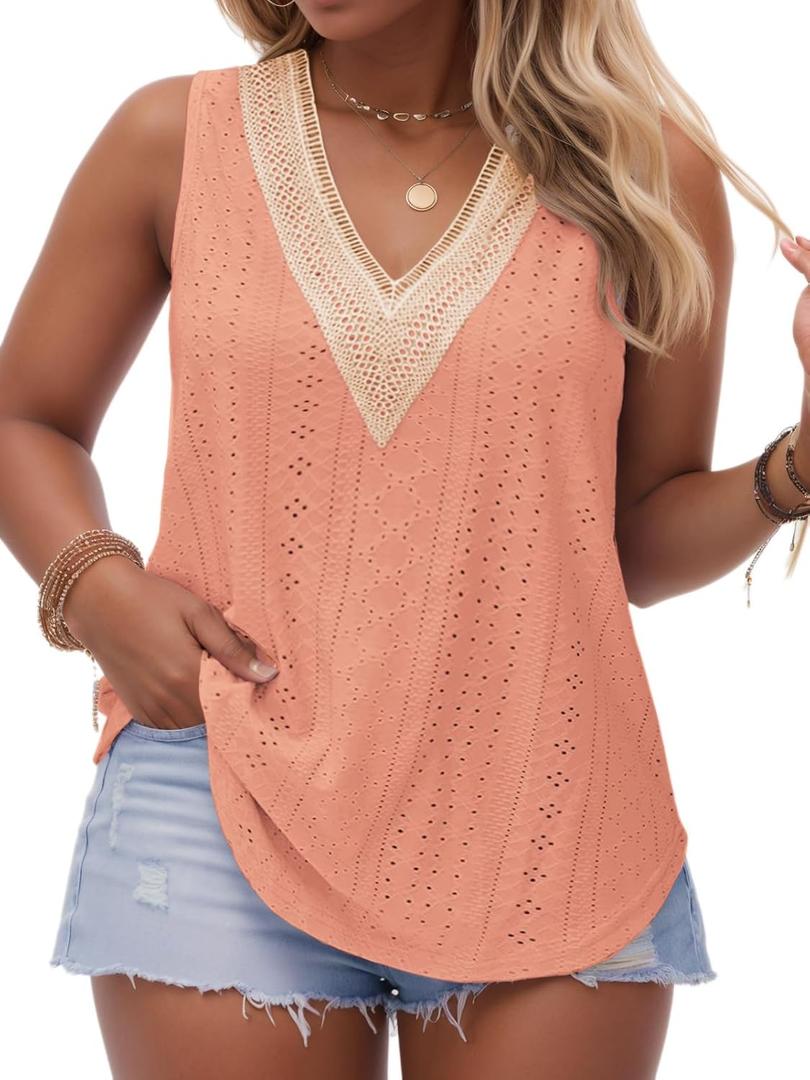 VISLILY Women's-Plus-Size-Summer-Tank-Tops Lace Trim Deep V Neck Shirts Cute Sleeveless Tunics Trendy Eyelet Blouses XL-5XL (Orange, XXL)