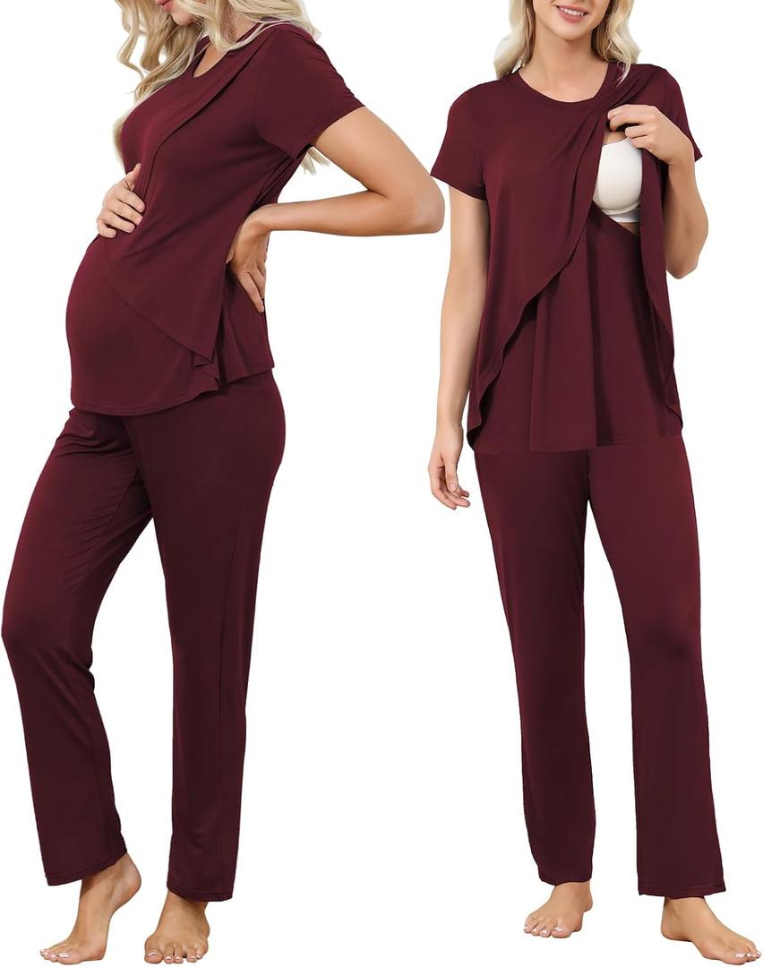 American Trends Maternity Nursing Pajama Set Breastfeeding Labor Pjs Postpartum Lounge Sets for Women Pregnancy Sleepwear (XL, Wine Red)