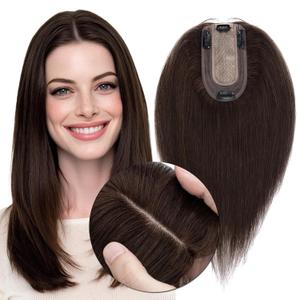 MY-LADY Human Hair Toppers for Women Real Human Hair Thin 7 * 13CM Silk Base with Lace Clip in Remy Hairpieces 150% Density 14 Inch Dark Brown