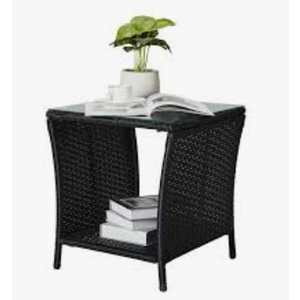Outvita Outdoor Side Table, Rattan Coffee Table Small End Table with Glass Top Storage for Patio Porch Backyard Balcony