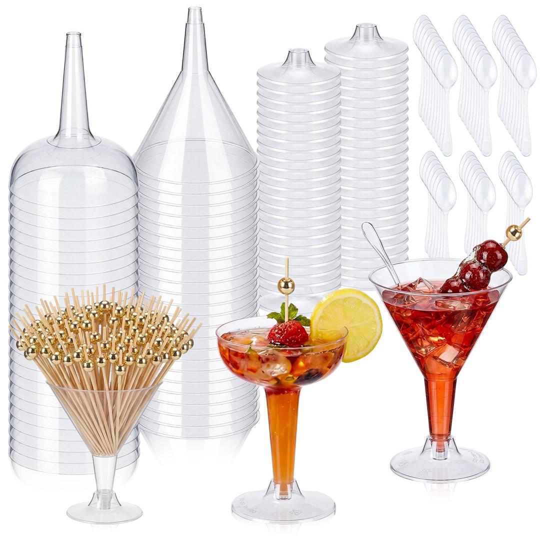 Acellegic 50 Set Plastic Martini Glasses for New Year's Party with Cocktail Sticks and Spoon Disposable Cocktail Glasses Ice Cream Dessert Cups for Appetizer, Weddings, Christmas Party(Cone)