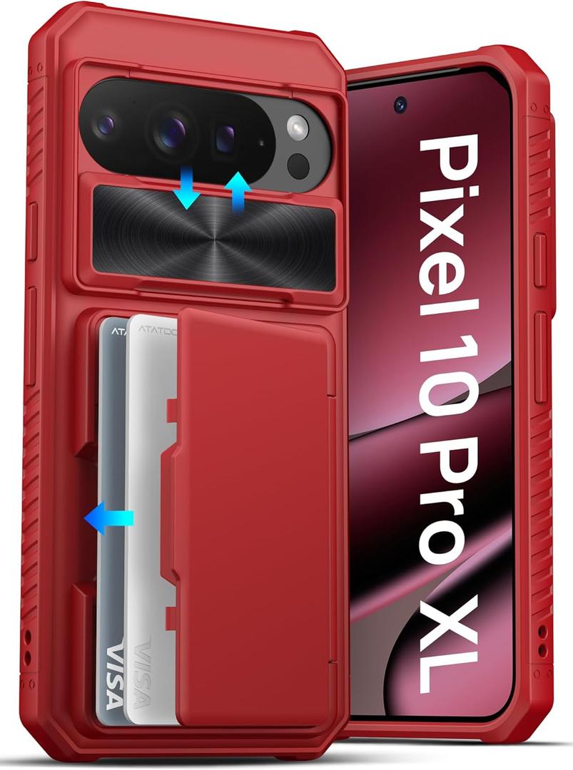 ATATOO for Google Pixel 10 Pro XL Case Wallet, Built-in Card Holder (Store 3-5 Cards) & Slide Lens Cover, Military Grade Protection, Silicone Protective Phone Cover for Pixel 10 Pro XL 6.8" 2025, Red
