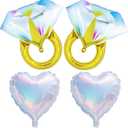 2 x 4PCS Diamond Ring & Heart Balloons Set - Bachelorette Party Decorations, Engagement Decor, Wedding Proposal Balloons, Bridal Shower, Just Married, Bride Anniversary Valentine's Day Party Favors