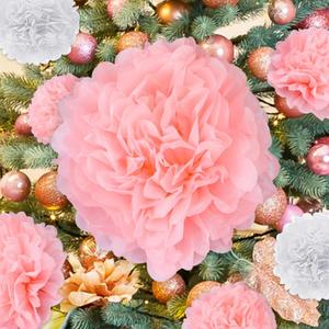 24 Pcs Christmas Tissue Paper Pom Poms Ornaments Pink and White Tissue Paper Pom Poms Flowers Xmas Hanging Decorations Flowers for Pink and White Christmas Tree Ornaments Holiday Decorations