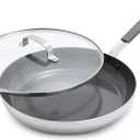GreenPan x Bobby Flay Stainless Steel 12 Frying Pan Skillet & Glass Lid, Professional Grade Tri-Ply, Multiclad, PFAS-Free Ceramic Nonstick, Induction Suitable, Dishwasher & Oven Safe,Stay Cool Handle