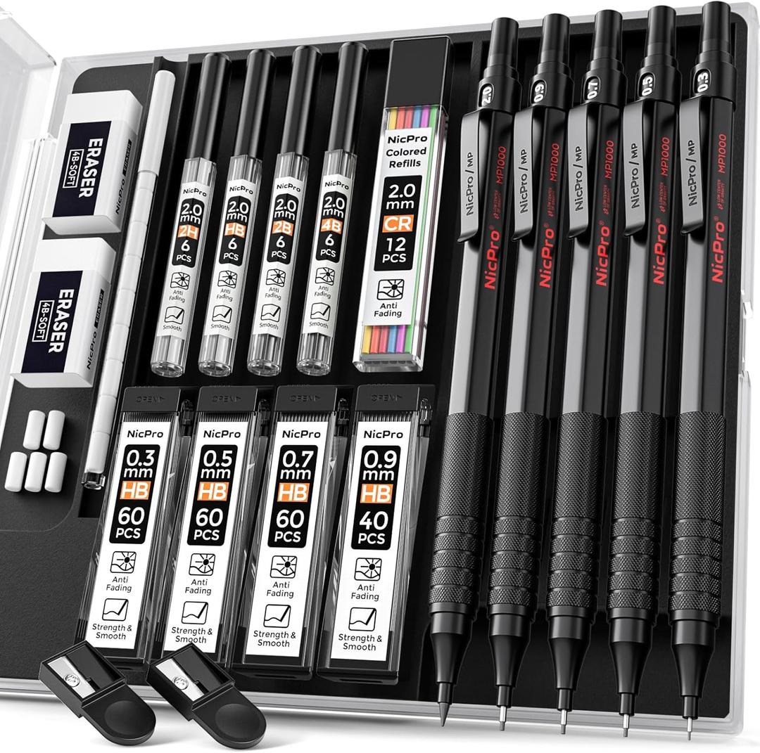 Nicpro Black Art Mechanical Pencil Set, 5PCS Metal Drafting Pencils 0.3, 0.5, 0.7, 0.9 mm & 2mm Graphite Lead Holder For Sketching Drawing With 9 Tubes (4B 2B HB 2H Colors) Lead Refills Erasers Case