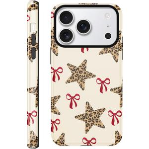 for iPhone 17 Pro Max 6.9'' Leopard Patterned Stars and Red Bows Phone Case, Slim Scratch Resistant Shockproof Dual-Layer Protection, Hard Shell with Silicone Interior for Woman Men