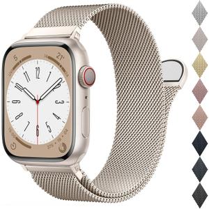 BELONGME Mesh Metal Loop Compatible with Apple Watch Band 40mm 41mm 38mm 42mm Series SE 10 9 8 7 6 5 4 3 2 1 Women Men, Stainless Steel Strap with Magnetic Clasp for iWatch Bands (Starlight)
