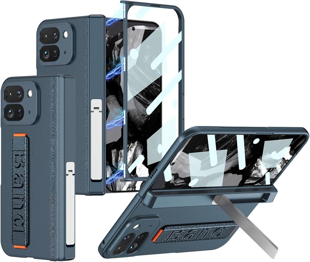 for Google Pixel 9 Pro Fold Case with Wristband and Built-in HD Screen Protector & Magnetic Hinge Protective, Slim Shockproof Hard PC Cover with Kickstand for Google Pixel 9 Pro Fold (Green)