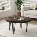 FLYJOE Rustic Wood Round Coffee Table with Metal Legs, Solid Elm Wood Top and Non-Slip Feet Pads - Farmhouse Style for Living Room, Walnut, Round, 27.5-inch diameter x 16-inch height