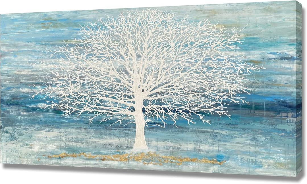 Tree Canvas Wall Art Blue and White 3D Landscape Painting with Gold Foil Rustic Print Artwork Picture for Living Room Bedroom Framed (40"L x 20"W)