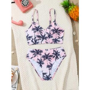 BEAUDRM Girl's 2 Piece Floral Swimsuit Bikini Set High Waisted Bathing Suits Swimwear, Size: 9 Years