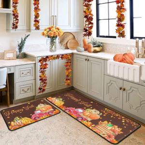 Red Truck Pumpkin Fall Kitchen Rugs Set of 2,Non Skid Washable, Home Seasonal Fall Holiday Party Autumn Harvest Thanksgiving Kitchen Mat 17"x47"+17"x30" (Color-75)