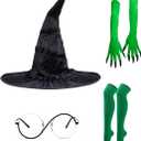 4-Piece Witch Costume Accessories Set, Black Hat, Green Gloves with Claws, Stockings, Round Glasses